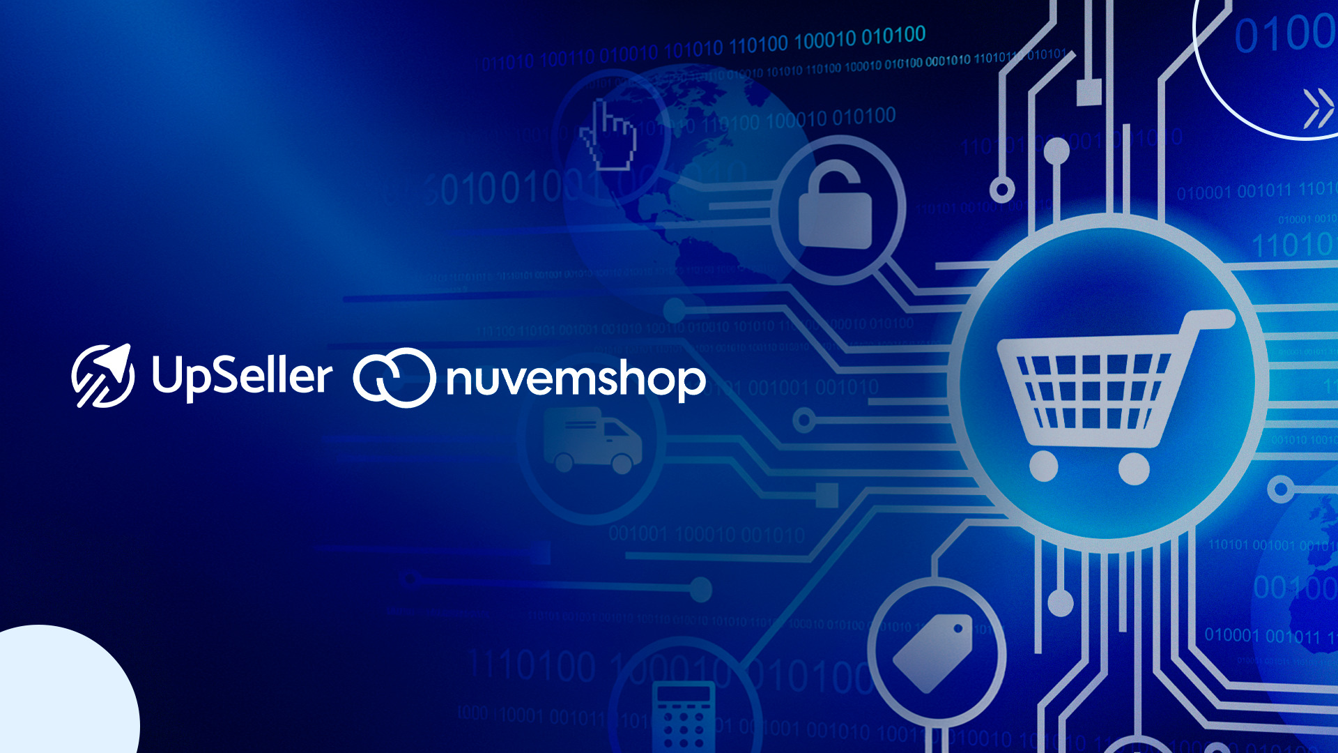 Logos da UpSeller e Nuvemshop conectados sobre um fundo digital azul com circuitos eletrônicos, códigos binários e ícones de e-commerce, destacando um carrinho de compras, caminhão de entrega, etiqueta de preço e cadeado de segurança.