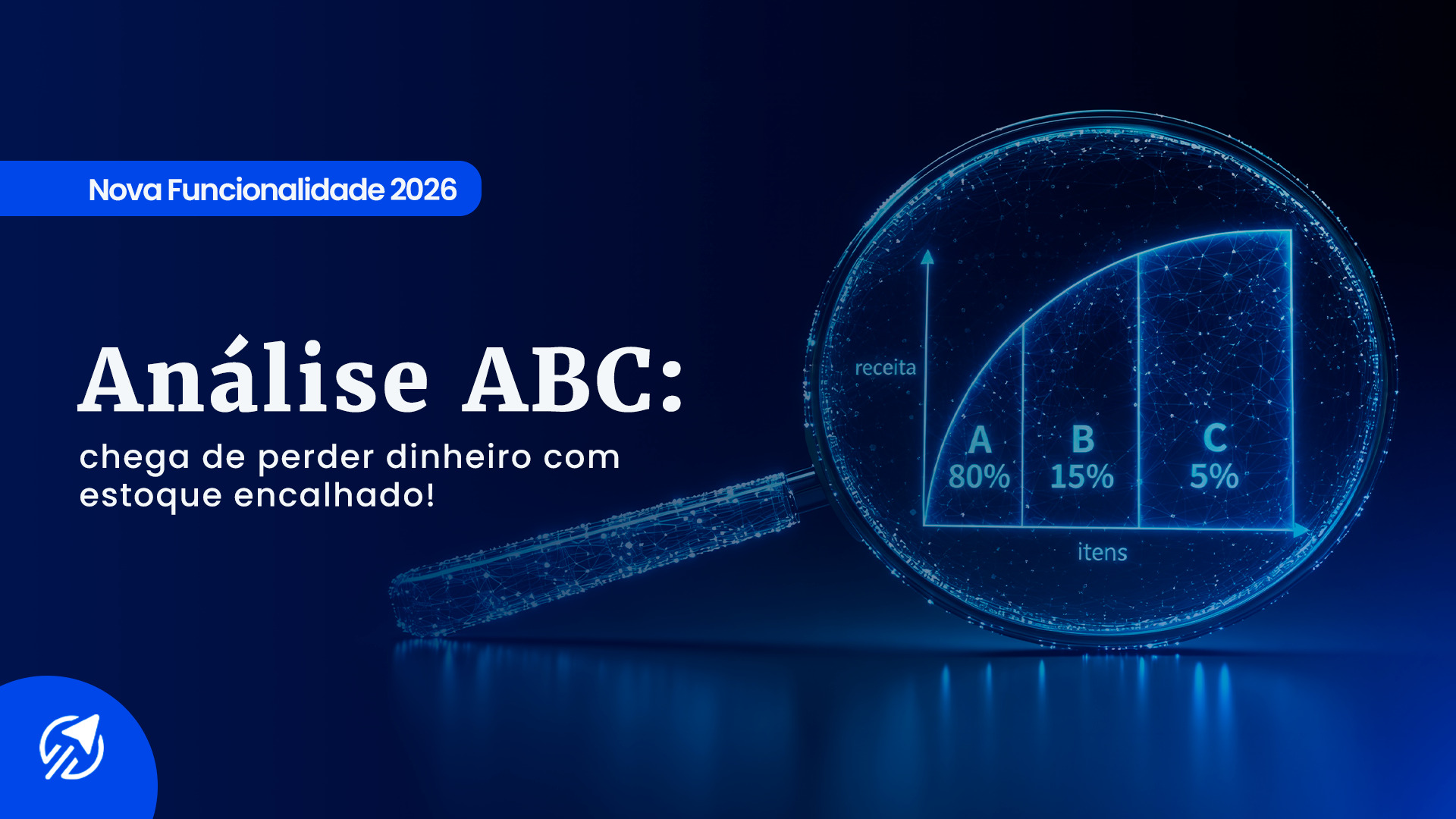 Capa da UpSeller sobre a nova funcionalidade 'Análise ABC: chega de perder dinheiro com estoque encalhado!'. Uma lupa destaca um gráfico luminoso da Curva ABC/Pareto com as divisões de receita A (80%), B (15%) e C (5%) em fundo azul.