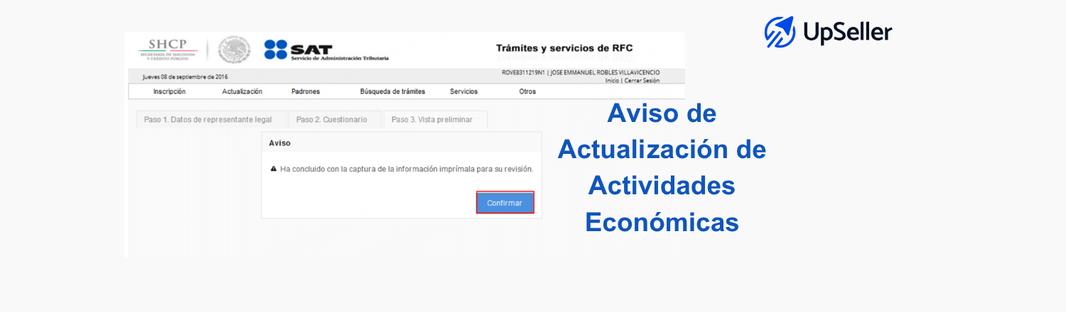 Guía sobre actividades económicas SAT y aviso de actualización. Aprende requisitos, pasos y gestión con UpSeller para control fiscal eficiente en México.