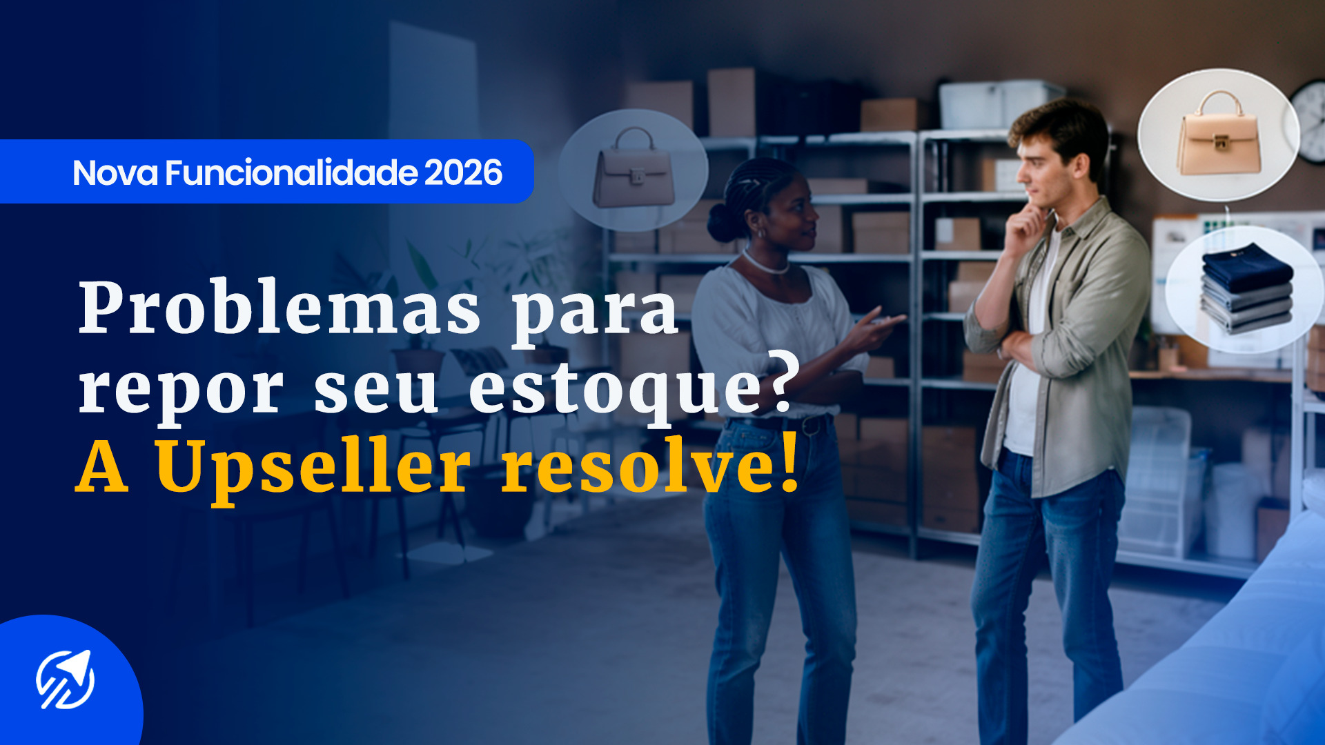 Capa do blog UpSeller destacando o módulo de gestão de compras com fornecedores e renovação de estoque para e-commerce no Brasil. Design focado em inteligência de suprimentos, logística e eficiência operacional.