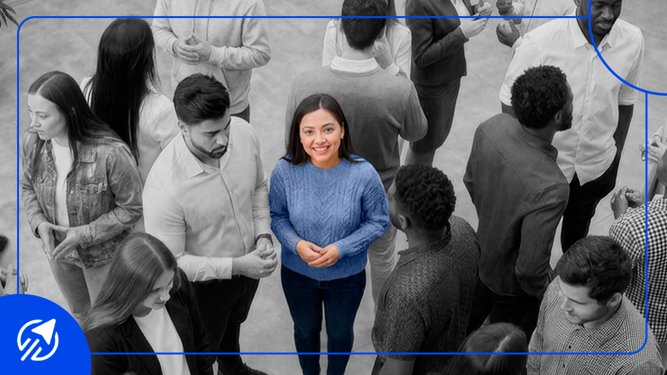 Capa de blog da UpSeller sobre o Buy Box do Mercado Livre no Brasil. Uma mulher sorridente em destaque colorido simboliza o 'vendedor em destaque' em meio a uma multidão em preto e branco, ilustrando o sucesso nas vendas no e-commerce brasileiro.