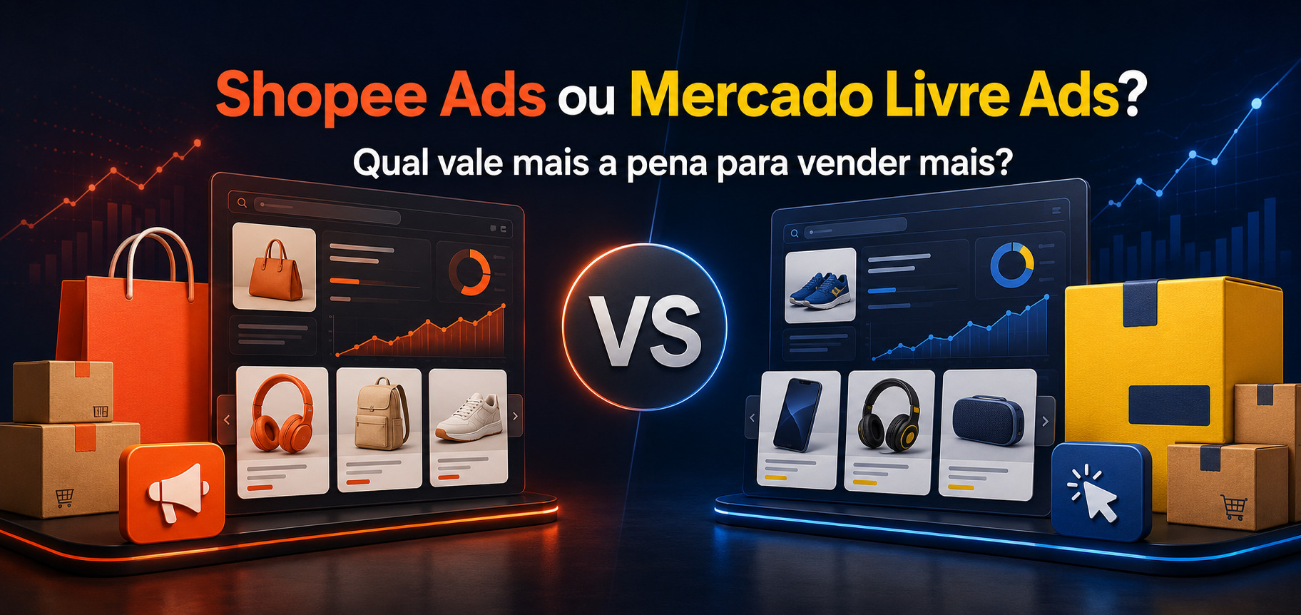 Comparativo entre Shopee Ads e Mercado Livre Ads com painéis de publicidade, produtos e gráficos de vendas