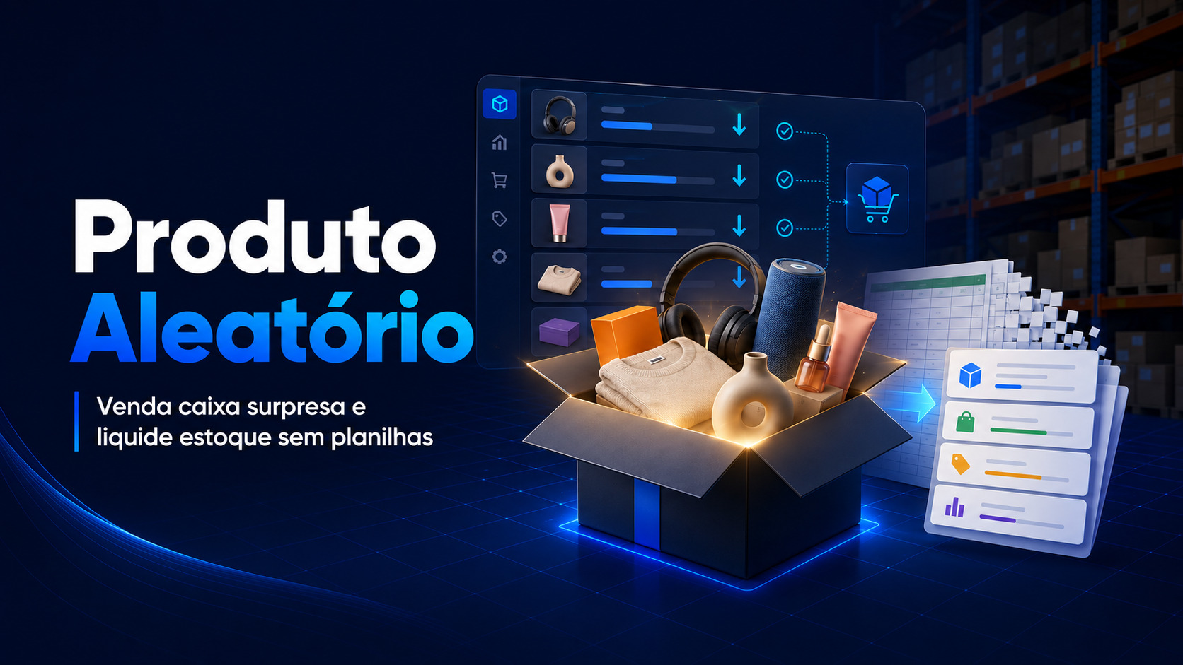 Caixa surpresa com produtos aleatórios e painel de gestão para liquidar estoque sem depender de planilhas.