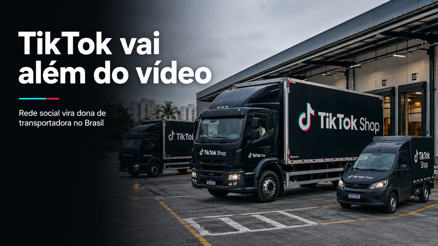 Frota de caminhões do TikTok Shop em centro de distribuição no Brasil, representando a entrada da rede social no setor de transportes.