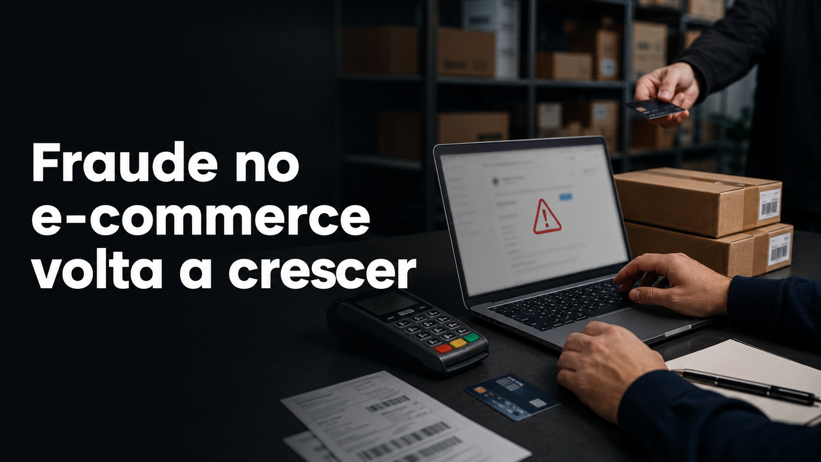 Profissional analisa pedido suspeito em operação de e-commerce com alerta de fraude, cartão e encomendas para envio.