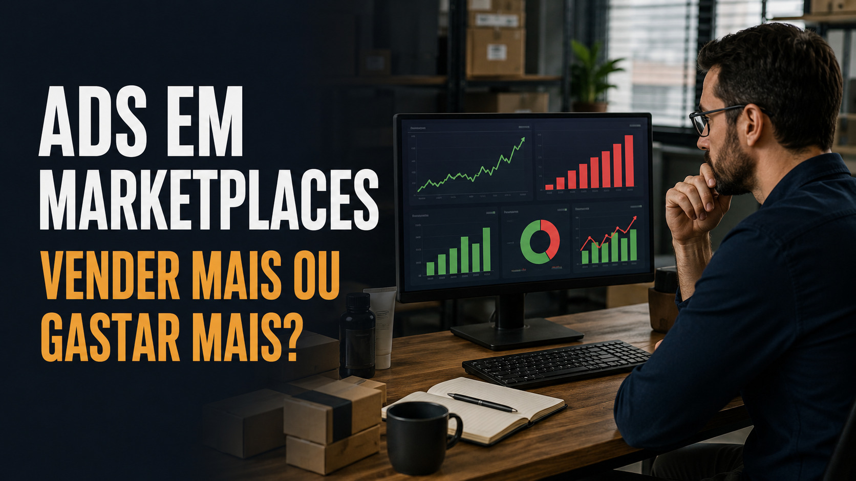 Profissional de e-commerce analisa métricas de Ads em marketplaces para avaliar vendas e custos de publicidade.