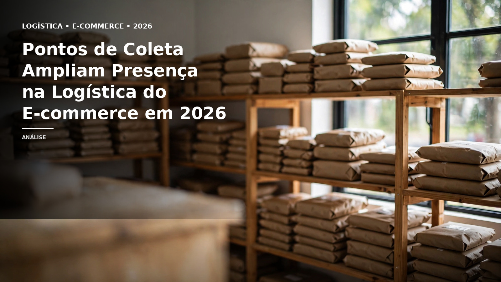 Prateleiras de madeira com pacotes de e-commerce organizados em um ponto de coleta urbano, com luz natural de janela, representando a expansão dos pontos físicos na logística de última milha