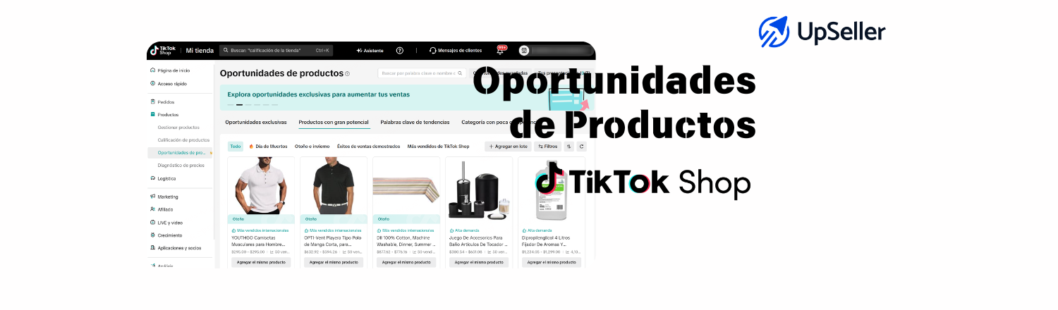 Encuentra productos para vender en TikTok Shop, analiza oportunidades y gestiona tu catálogo con UpSeller.