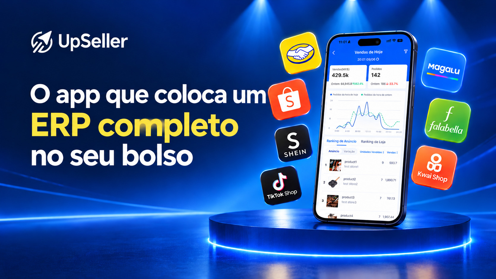 Capa do blog UpSeller sobre o app que coloca um ERP completo no seu bolso. A imagem mostra um smartphone com painel de vendas e gráficos, cercado pelas logos do Mercado Livre, Shopee, Shein, TikTok Shop, Magalu, Falabella e Kwai Shop.