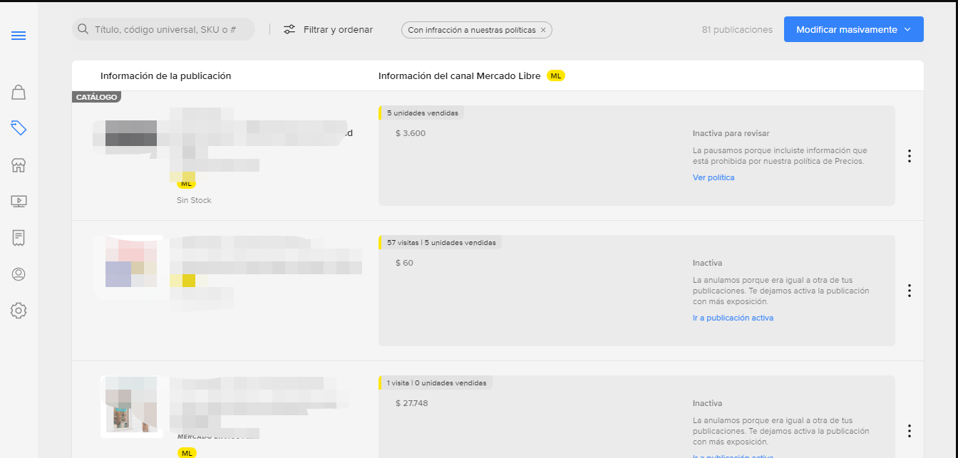 Publicaciones con infracción de políticas de Mercado Libre