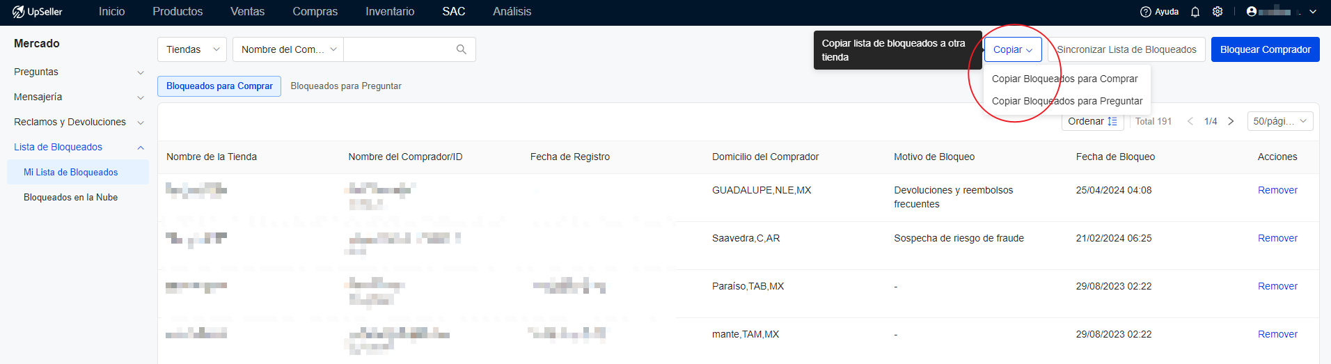 migrar la lista de bloqueados desde tienda A a otra tienda B