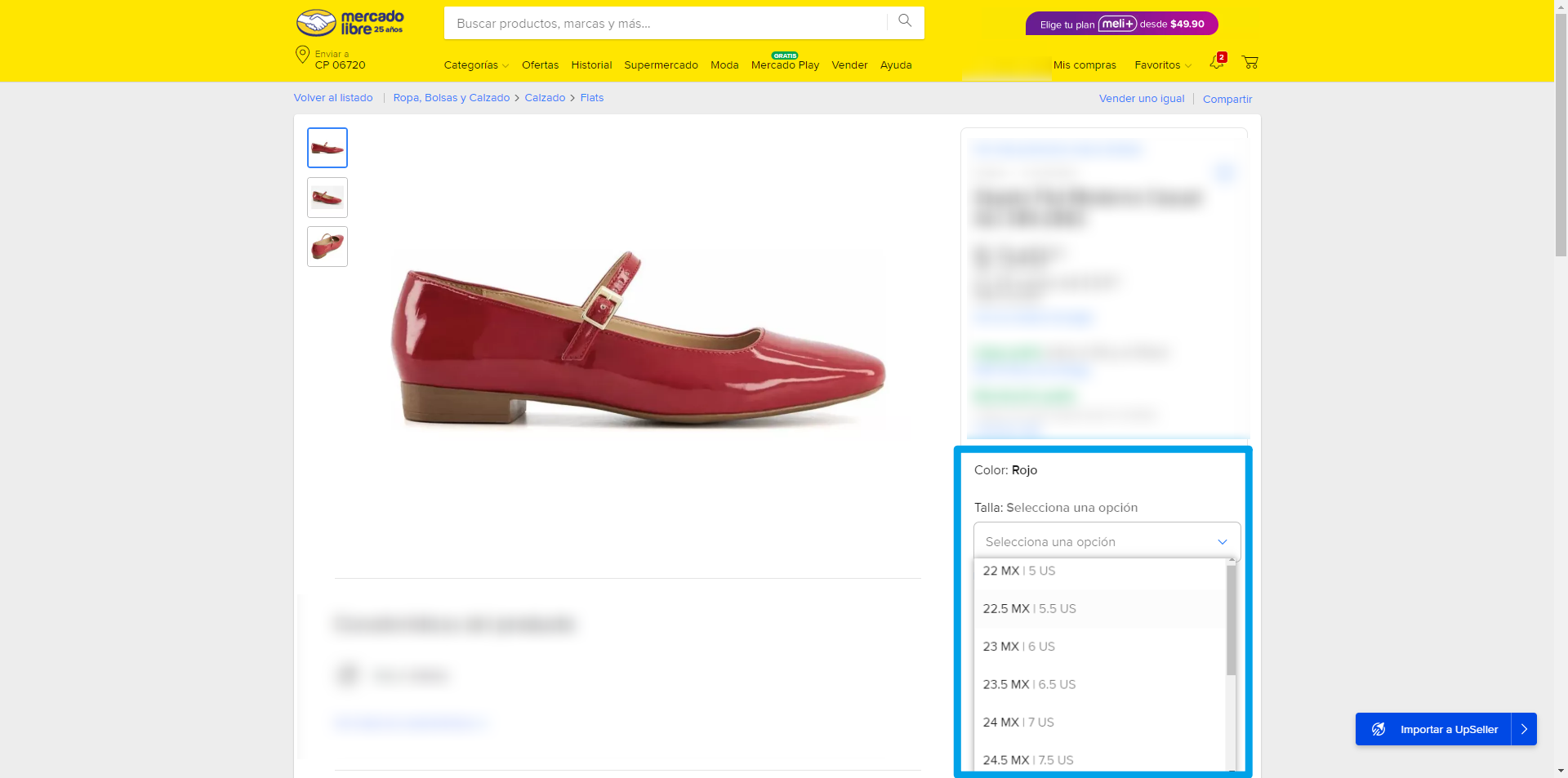 un zapato en distintas tallas como 22 MX, 23 MX, o 24 MX.
