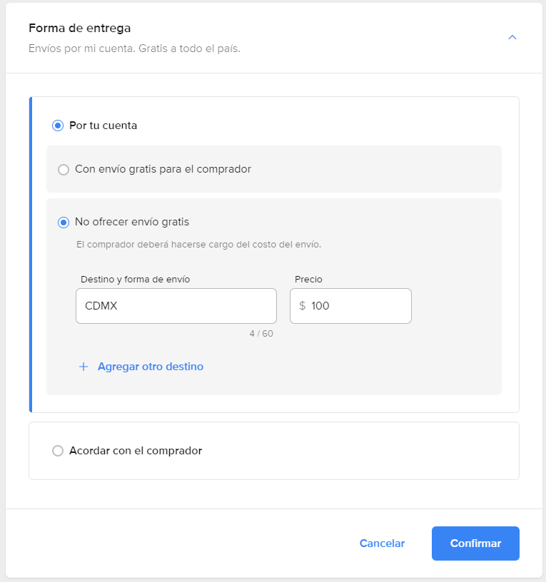 Envíos personalizados y Acordar con el vendedor