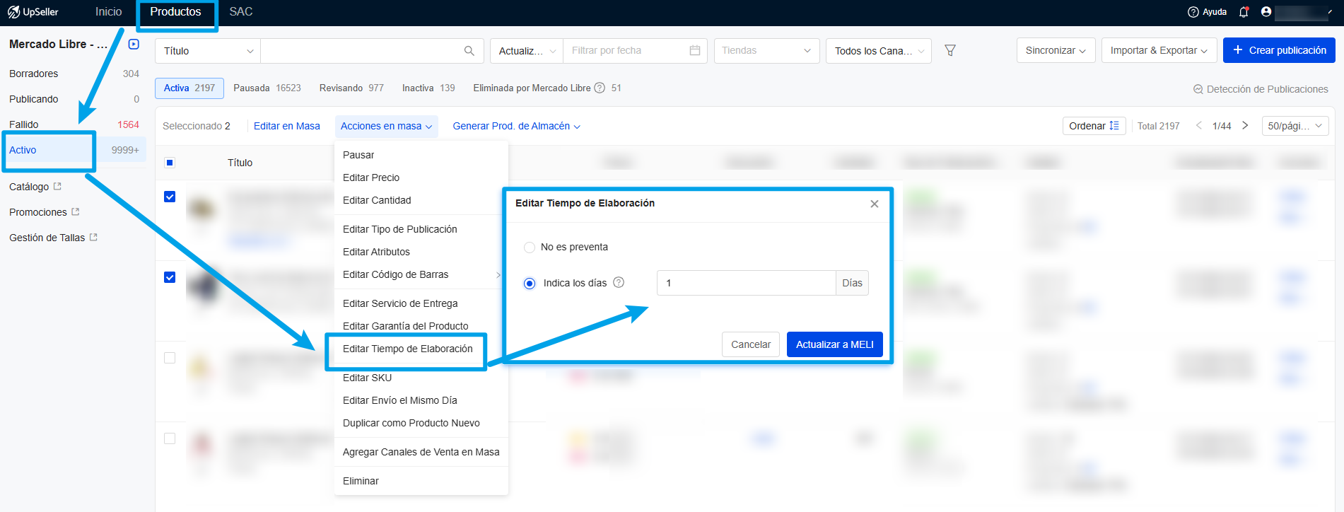UpSeller ERP se puede configurar el tiempo de elaboración en masa