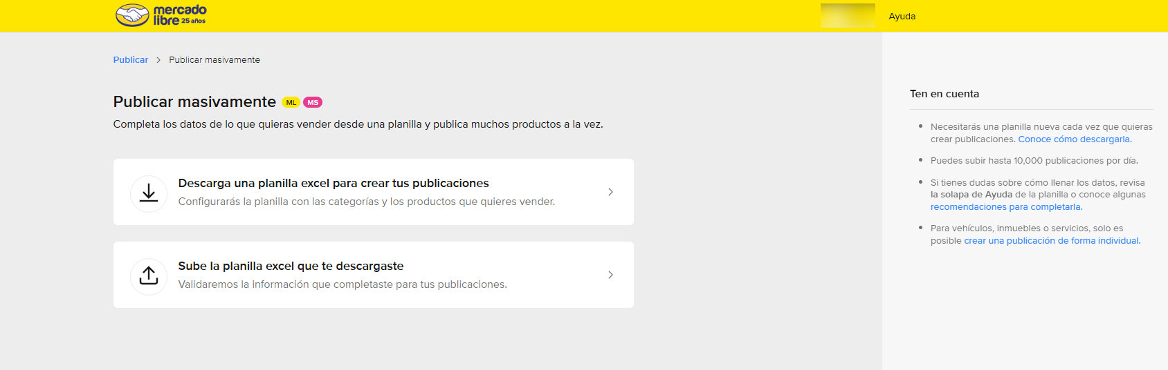 Accede al Centro de Vendedores y selecciona la opción de publicación individual o carga masiva mediante Excel.
