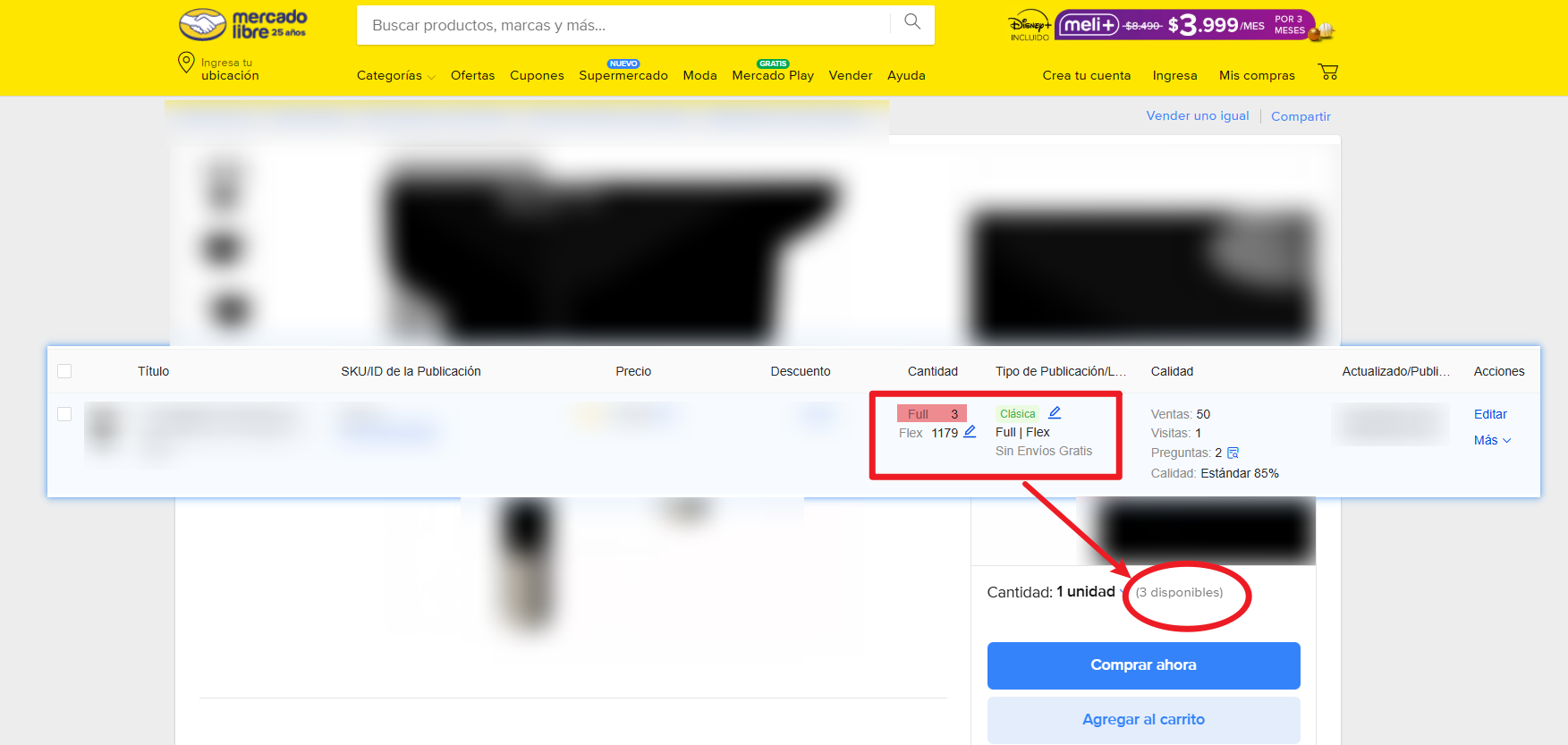 Los productos activos solo mostrarán el stock disponible en el almacén Full y no reflejarán el stock de Flex, incluso si el pedido se envía finalmente a través de la logística Flex