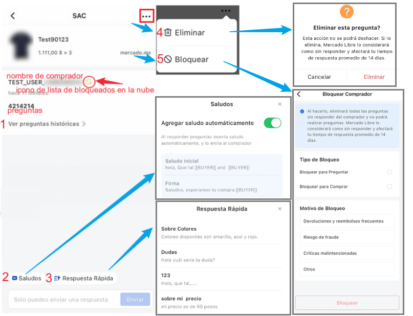  con la APP UpSeller, podrías bloquear compradores por sus preguntas y mensajes por ahora. selecciona tipo de bloqueado y motivo para bloquear.