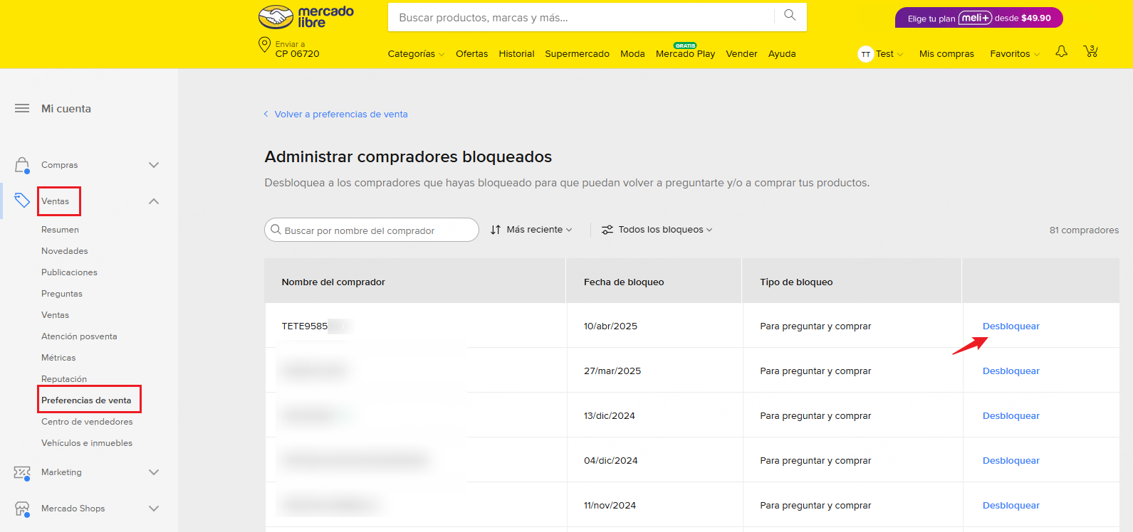 Cómo desbloquear comprador en centro de vendedores de Mercado Libre