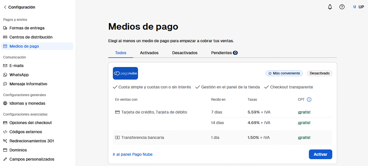Configurar métodos de pago en Tiendanube