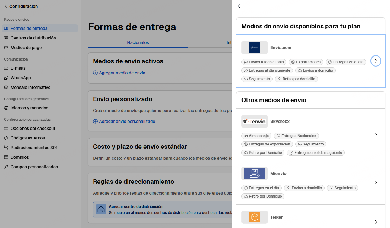 Elegir métodos de envío en Tiendanube