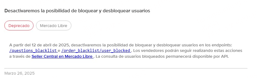 Mercado Libre ha deshabilitado bloquear compradores por ERP