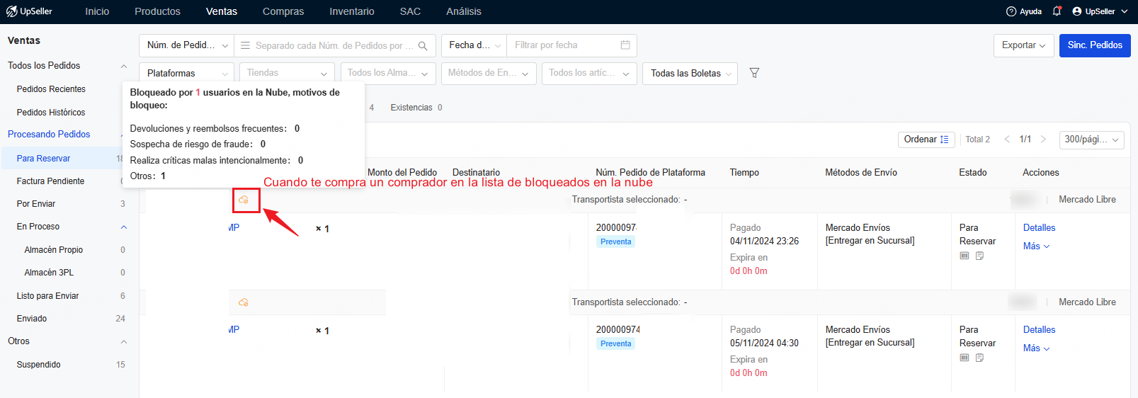 Avisos de bloqueados en pedidos