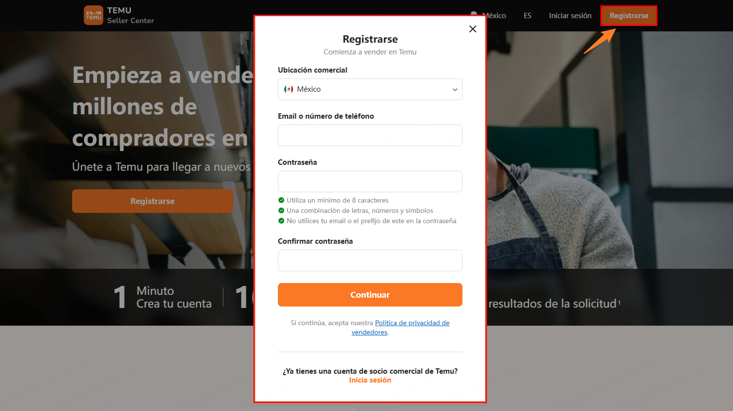Crea tu cuenta de vendedor de Temu