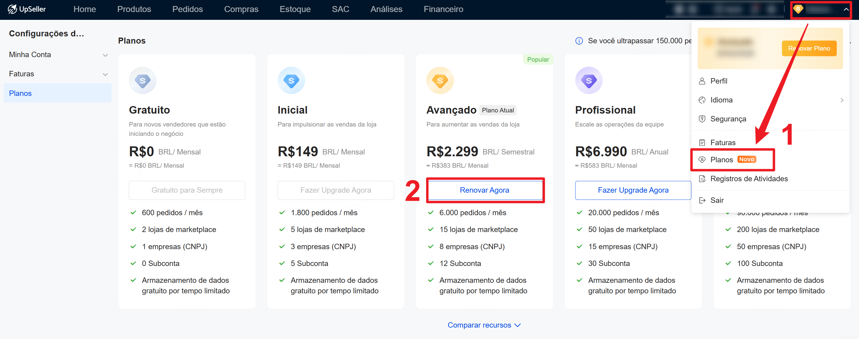 Perguntas frequentes sobre a recarga de planos no UpSeller