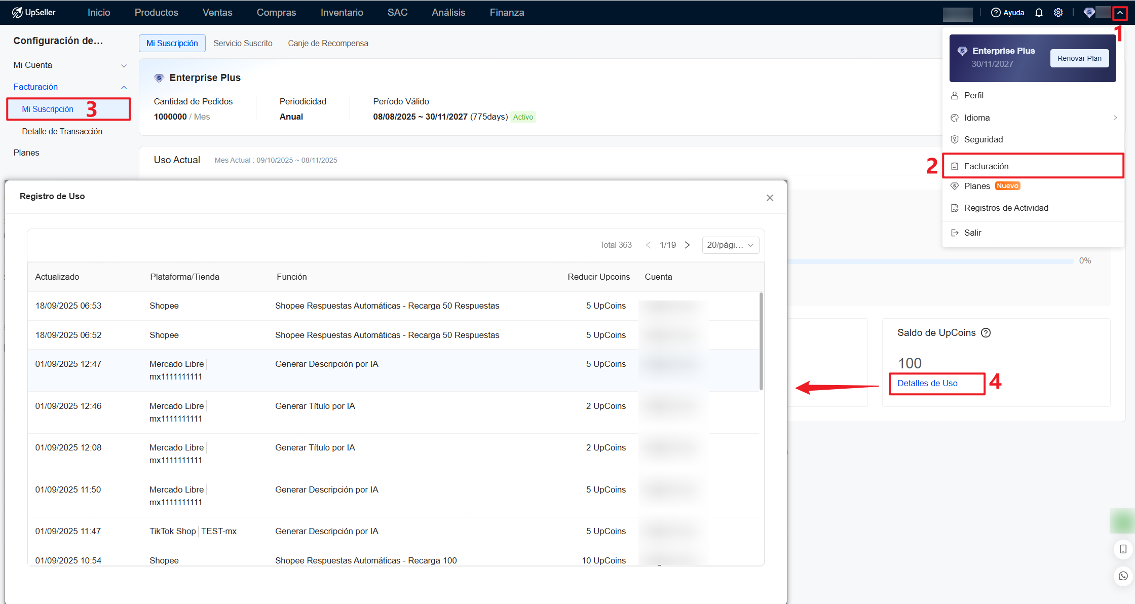 Cómo Checar registros de uso en UpSeller?