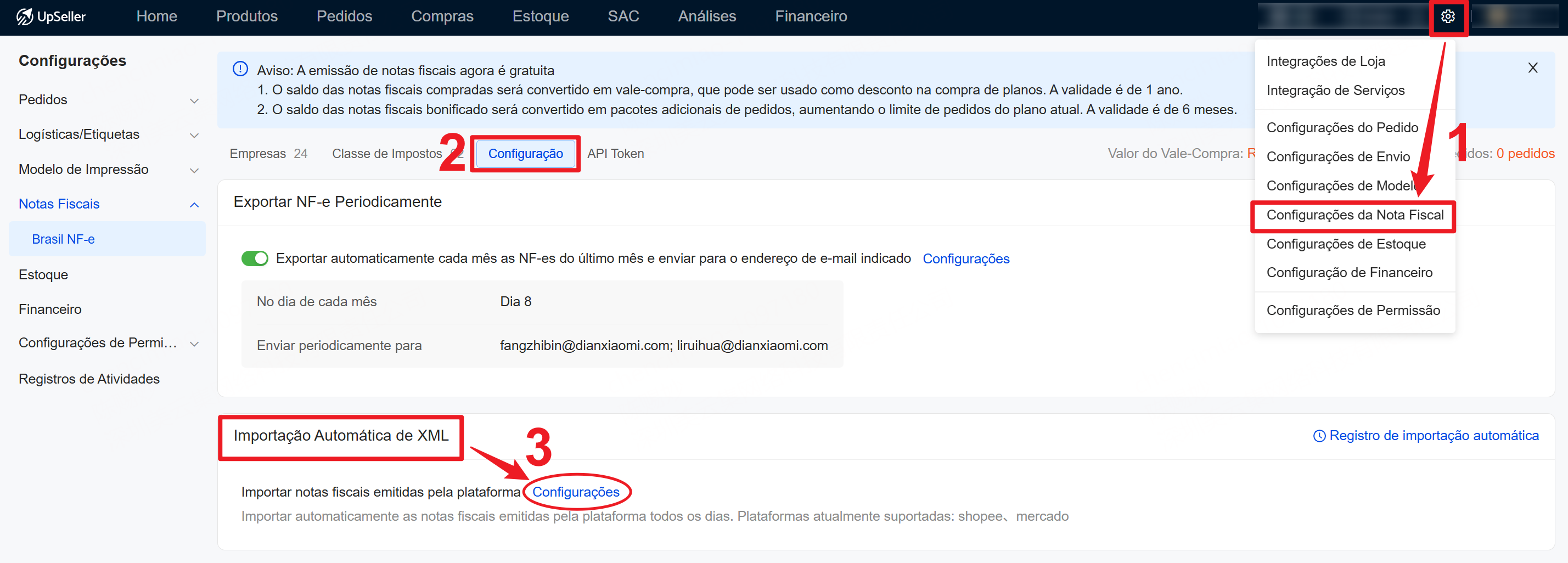Como importar notas fiscais de fulfillment de plataforma no UpSeller?