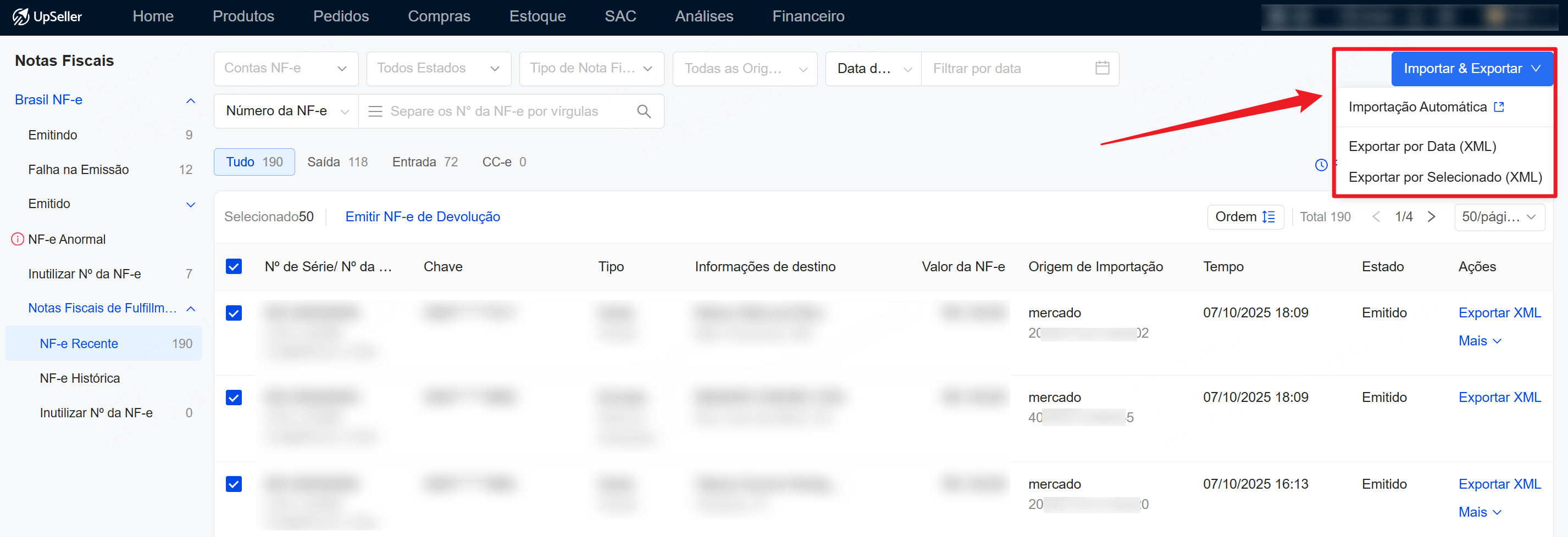 Como exportar os arquivos XML das notas fiscais da plataforma?