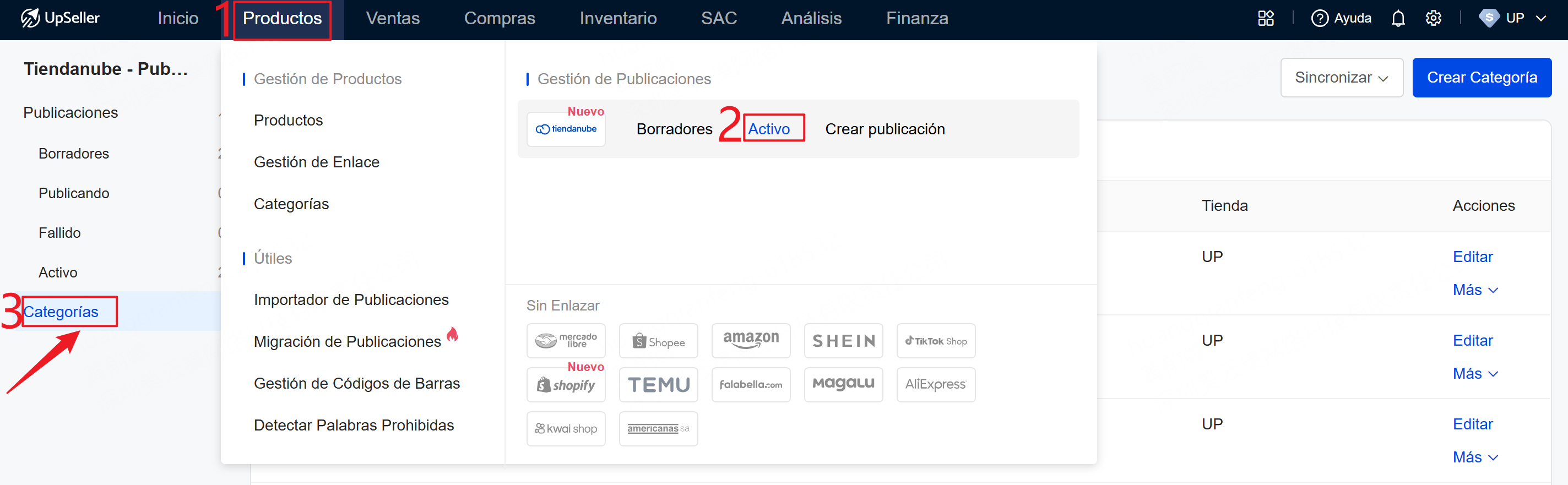 Entrada para gestionar las categorías de Tiendanube en UpSeller