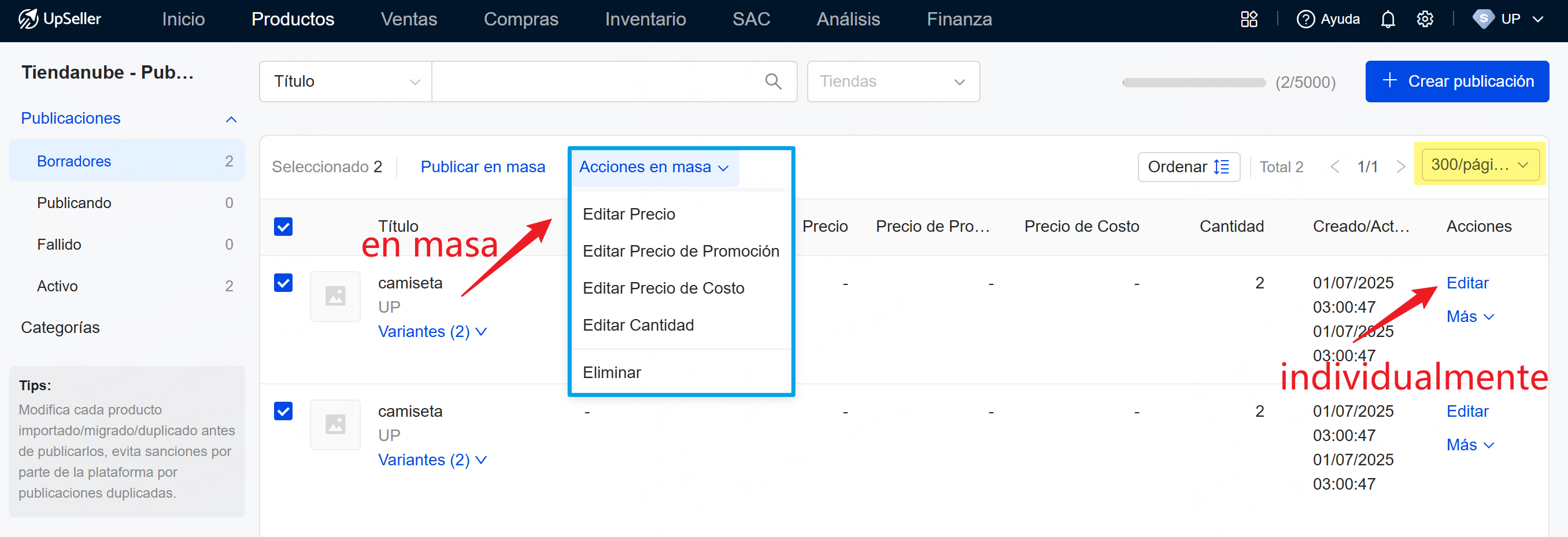 Edita los productos en borradores de Tiendanube