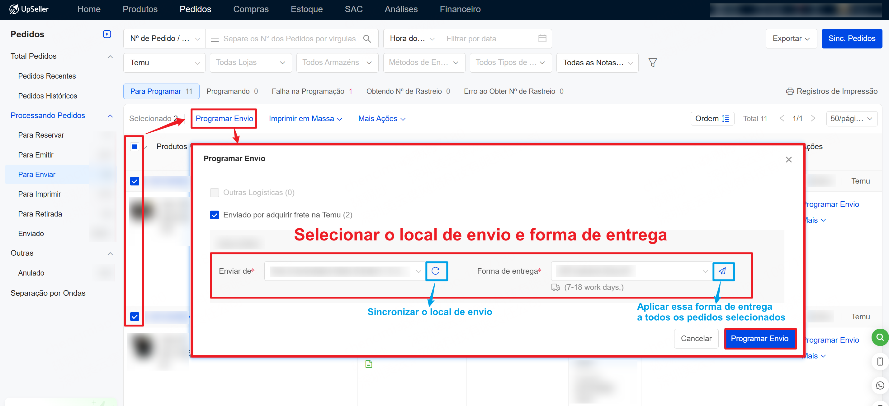 Processamento de pedidos com logística da Temu no upseller