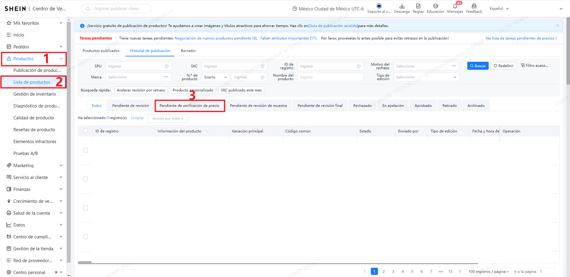 Shein - Error: La plataforma indica que ya tienes 10 publicaciones pendientes de revisión de precios, lo cual ha alcanzado el límite según las reglas de SHEIN.