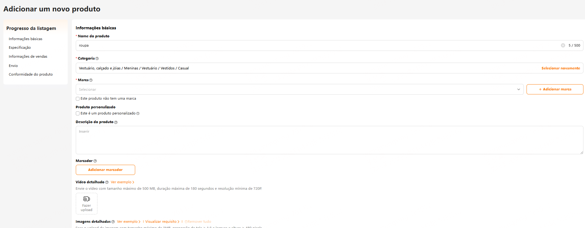 Cadastro do produtos da Temu