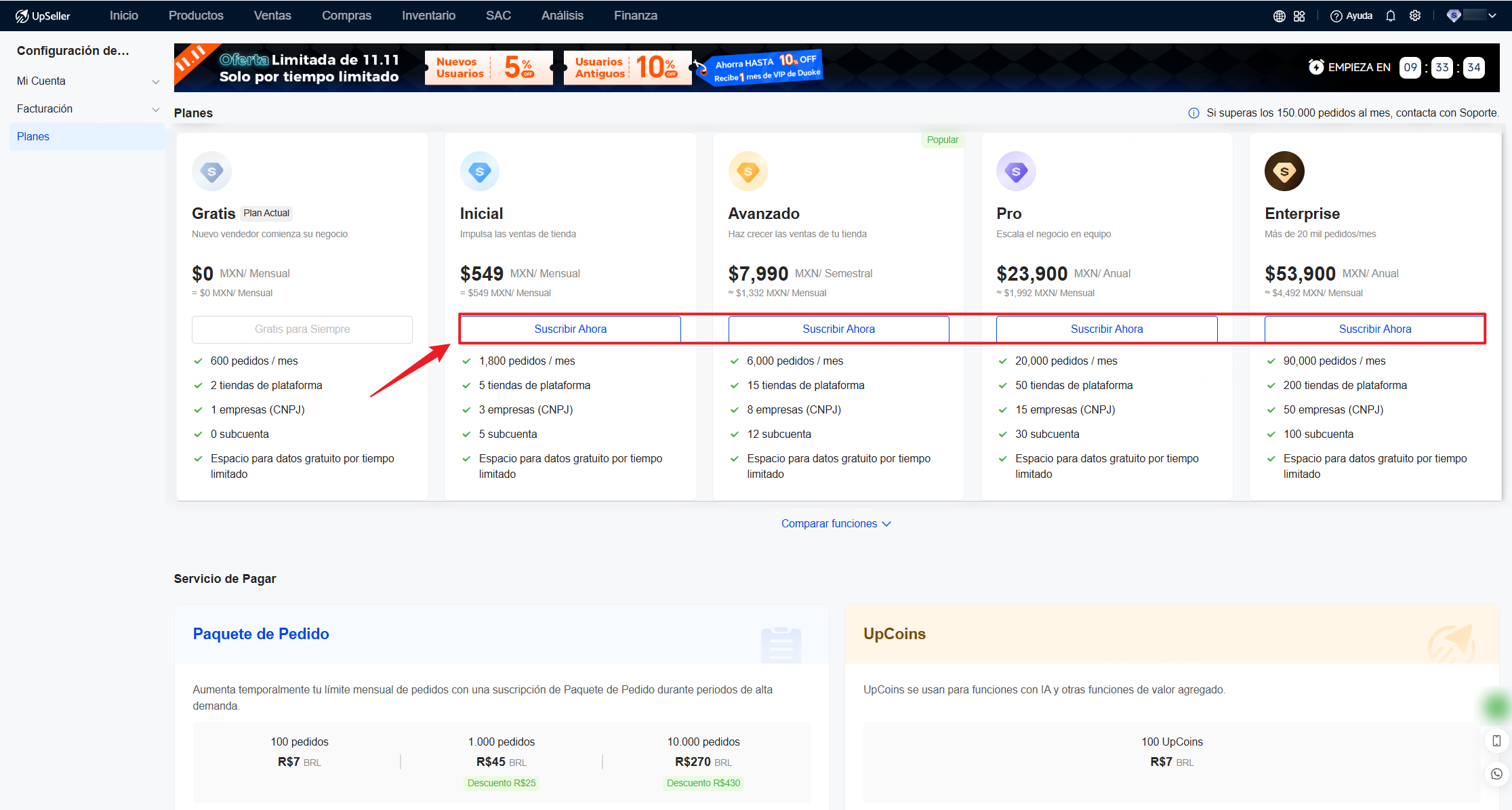 Cómo comprar plan en UpSeller?