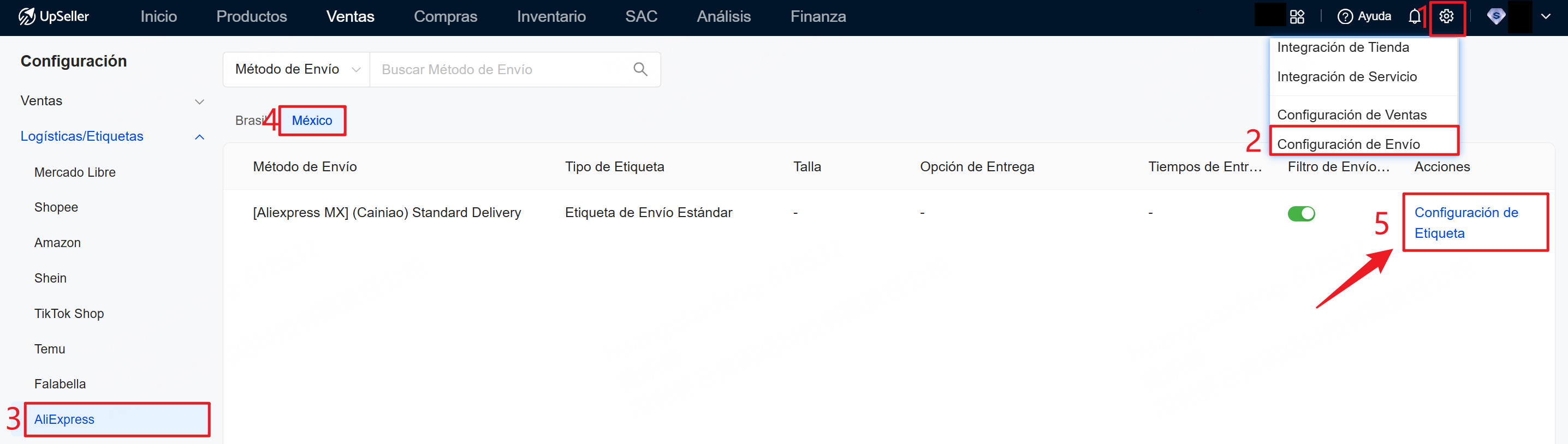entrada para configurar etiqueta de envio de aliexpress