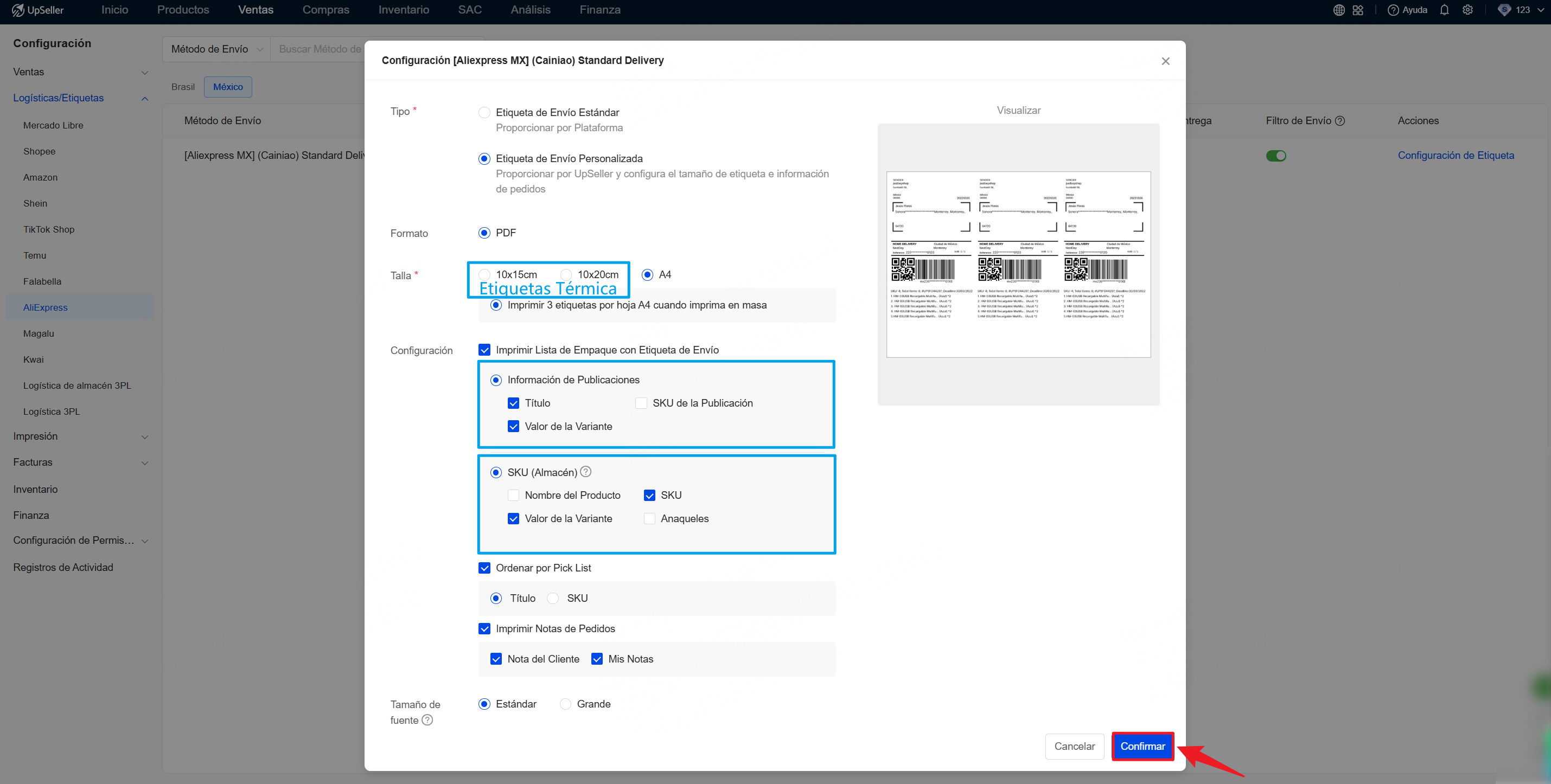 configuracion de entiqueta personalizada de aliexpress
