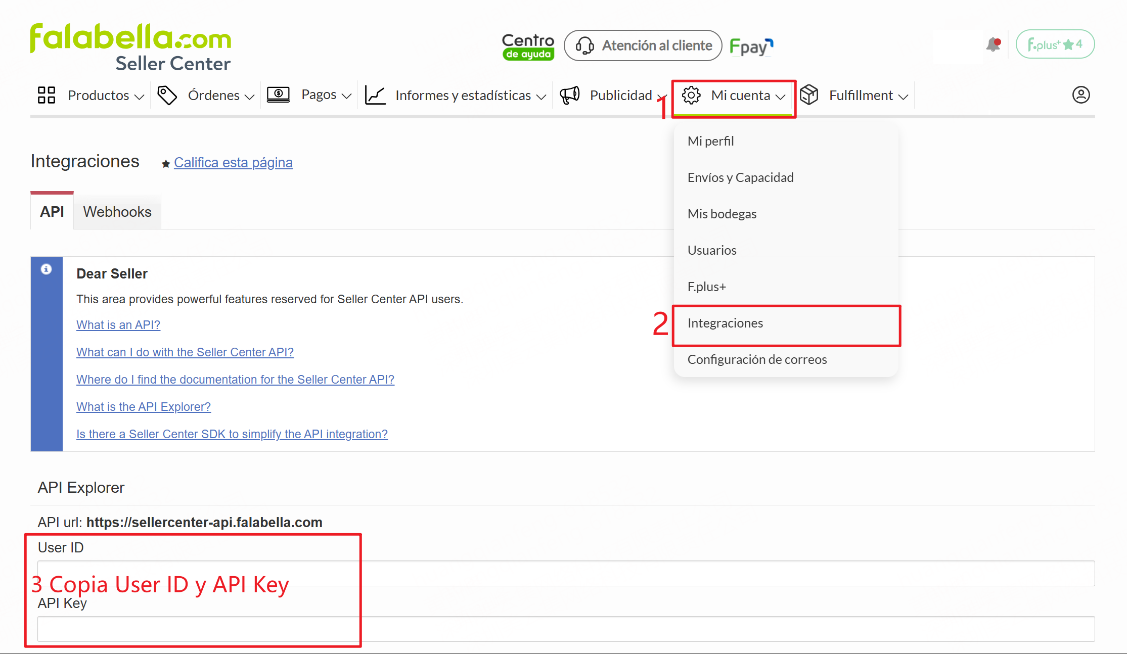 Copia User ID y API Key de falabella para enlazar tienda en UpSeller