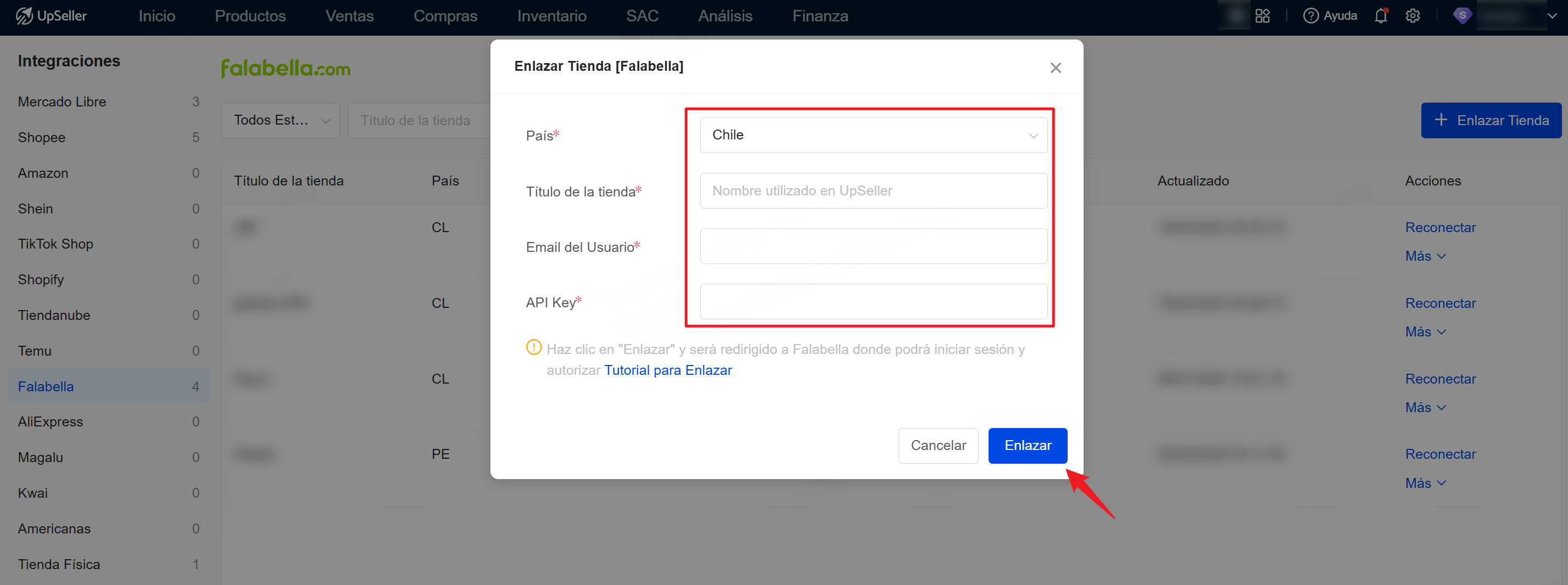 configura tu tienda falabella en UpSeller
