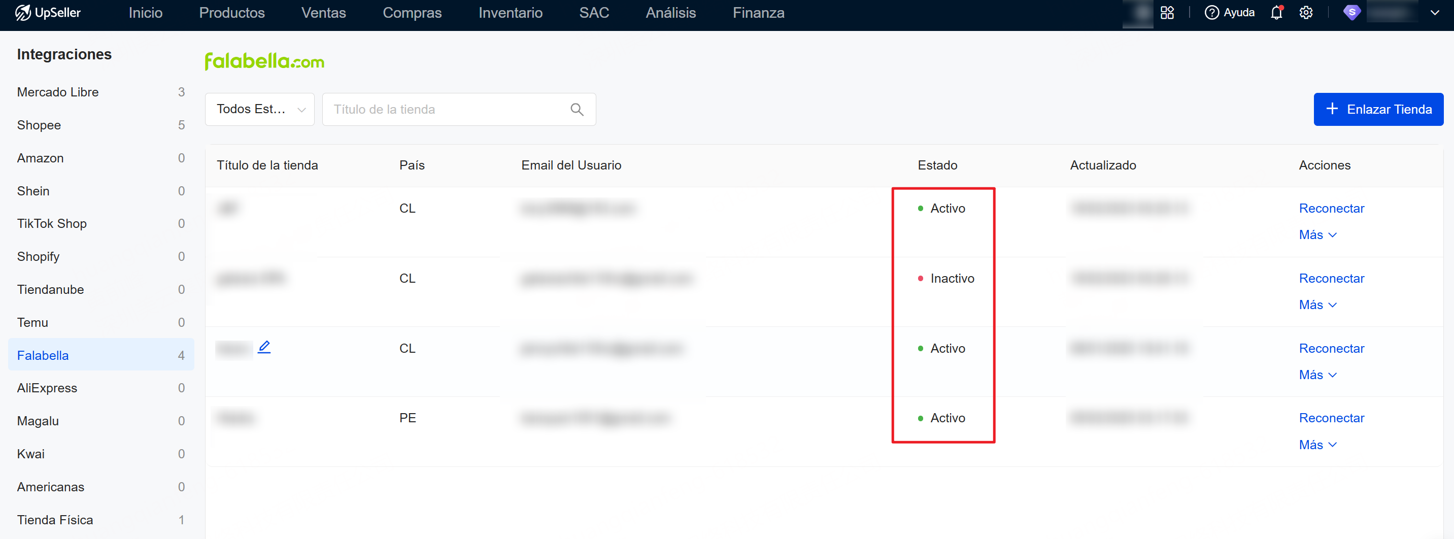 estado de tienda de falabella en UpSeller