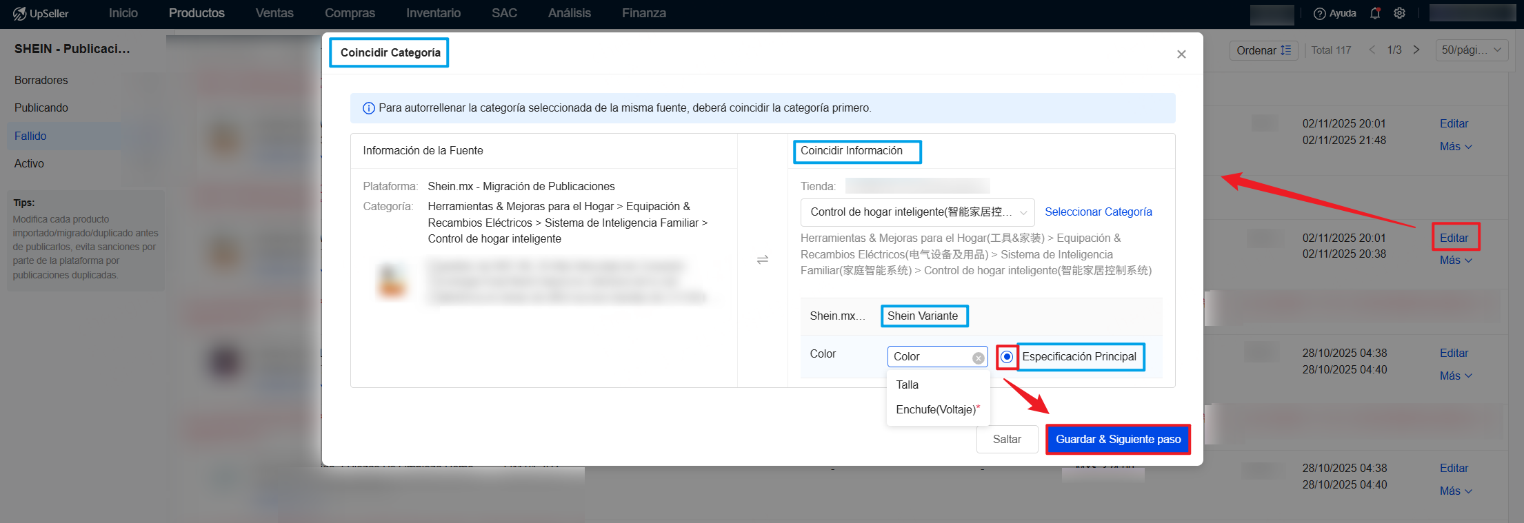 Shein.Error.main_specification_error, El sistema ha detectado que no se ha seleccionado la especificación principal en coincidencia de categoría, lo que ha provocado un error en la publicación.