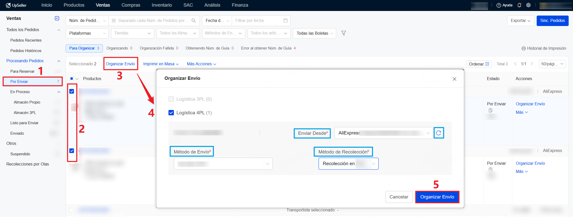 Organizar envío y obtener Núm. de Guía