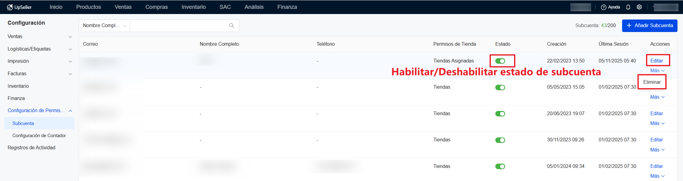 En la lista de subcuentas, puedes habilitar, editar, o eliminar los usuarios