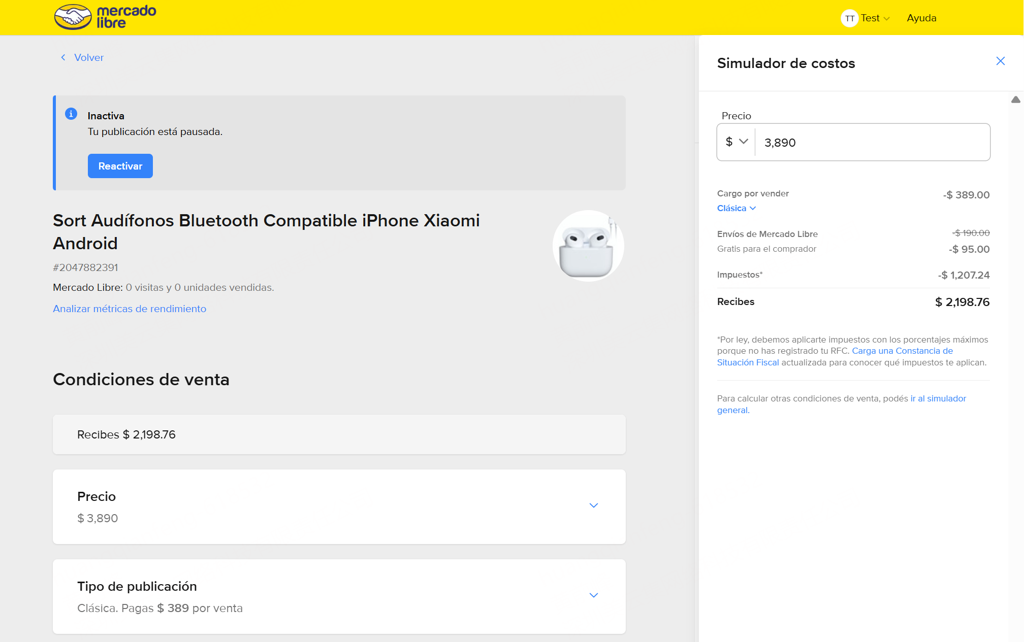 Mercado Libre ofrece un Simulador de Costos
