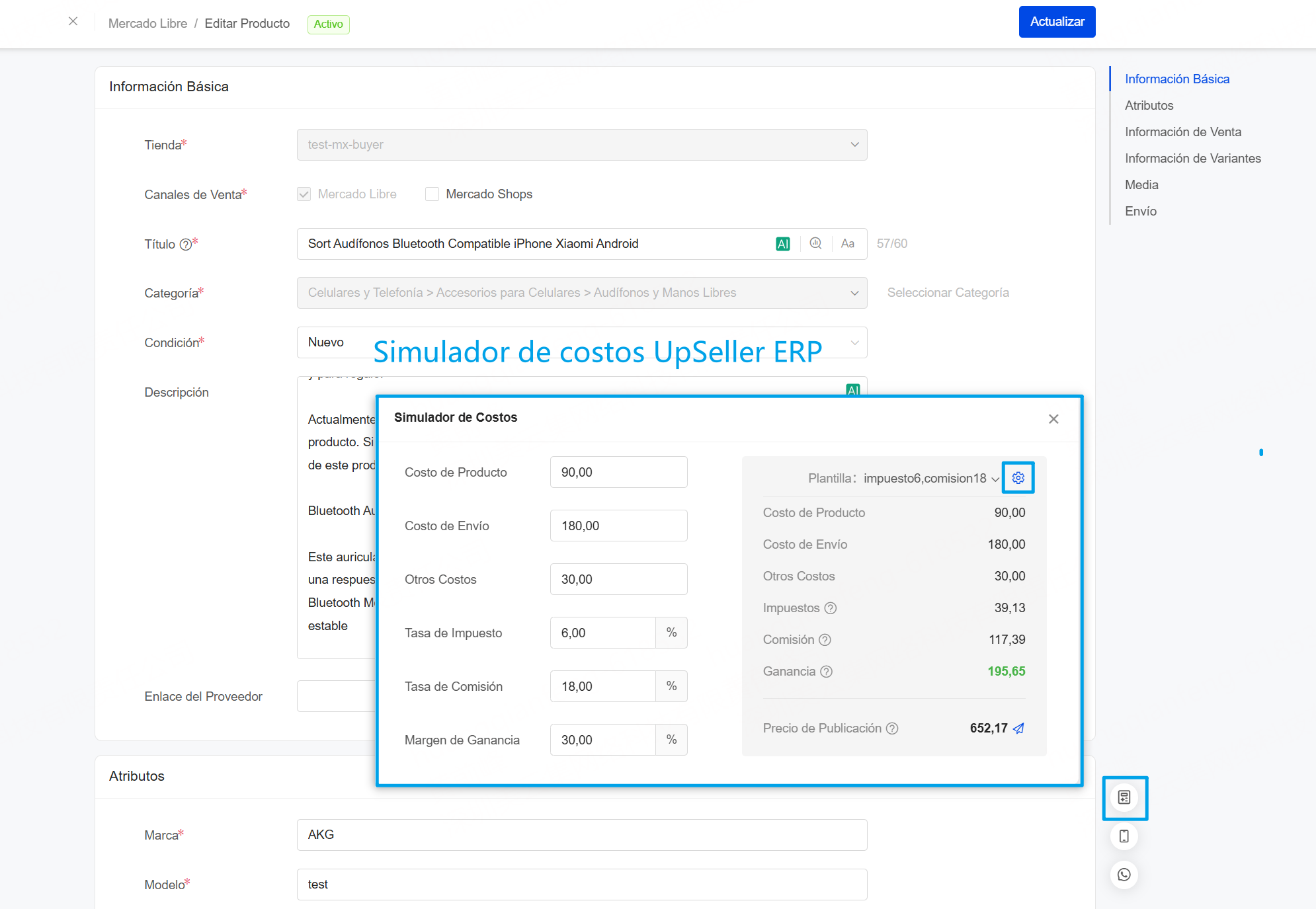 UpSeller ERP te permite usar simulador de costos para fijar precio de producto
