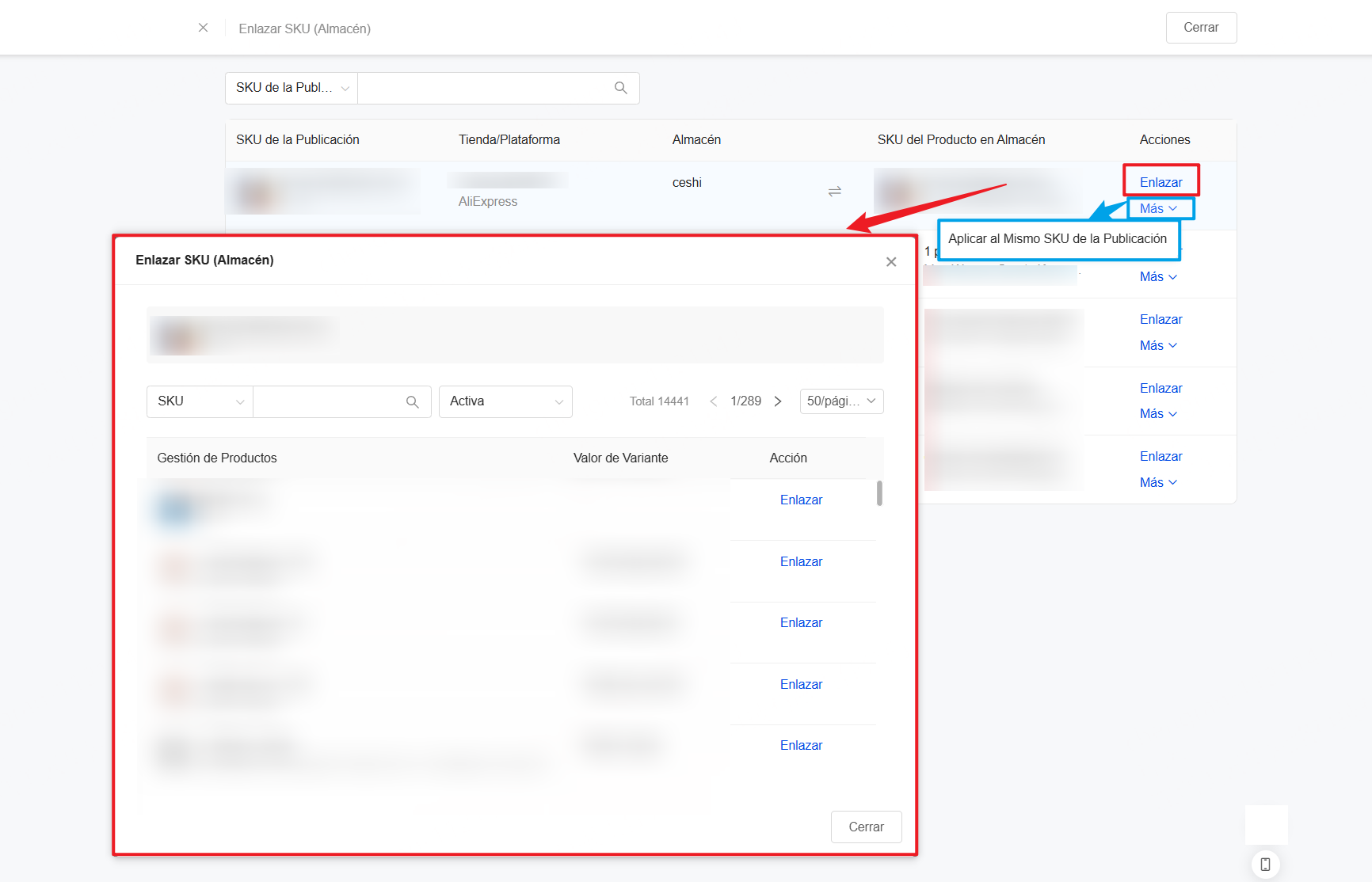 Haz clic en Enlazar  >> selecciona SKU (Almacén) y vuelve a hacer clic en Enlazar