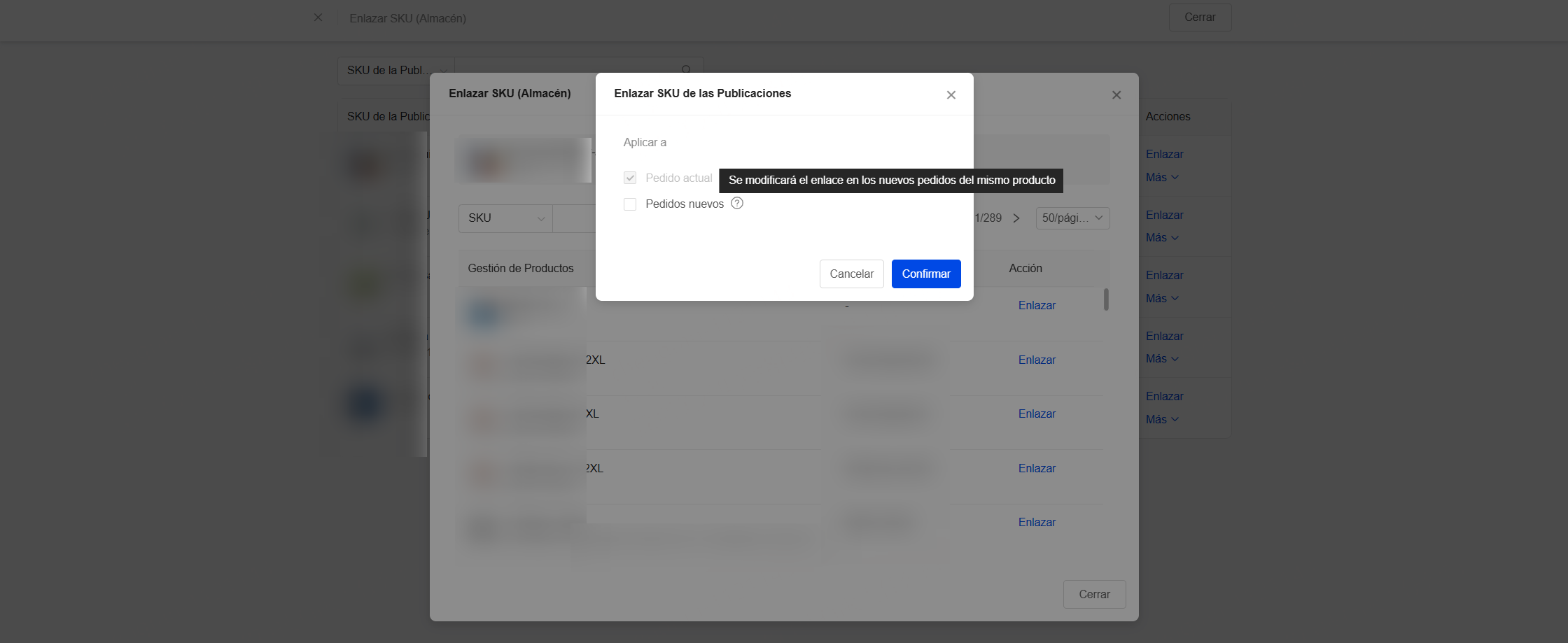 Al realizar el enlace, si se marca la opción "Pedidos nuevos", se modificará el enlace para los nuevos pedidos del mismo producto