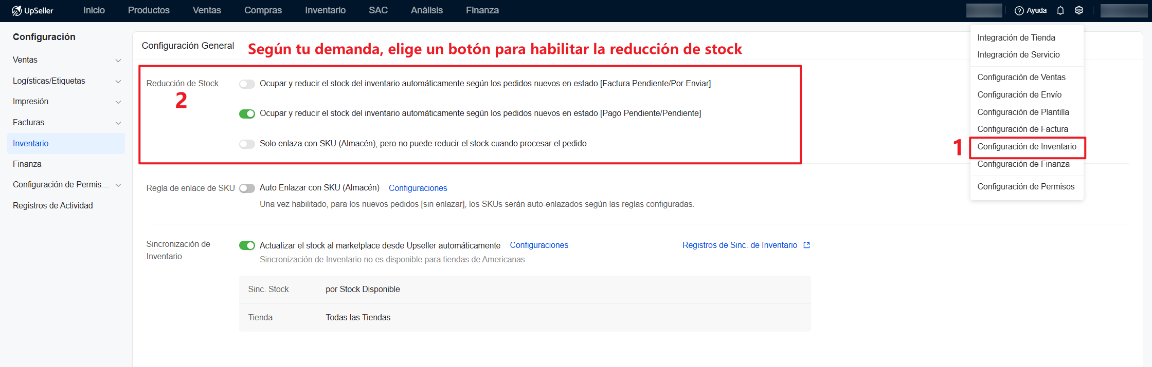 Haber habilitado Reducción de Stock o Solo enlaza con SKU de almacén 